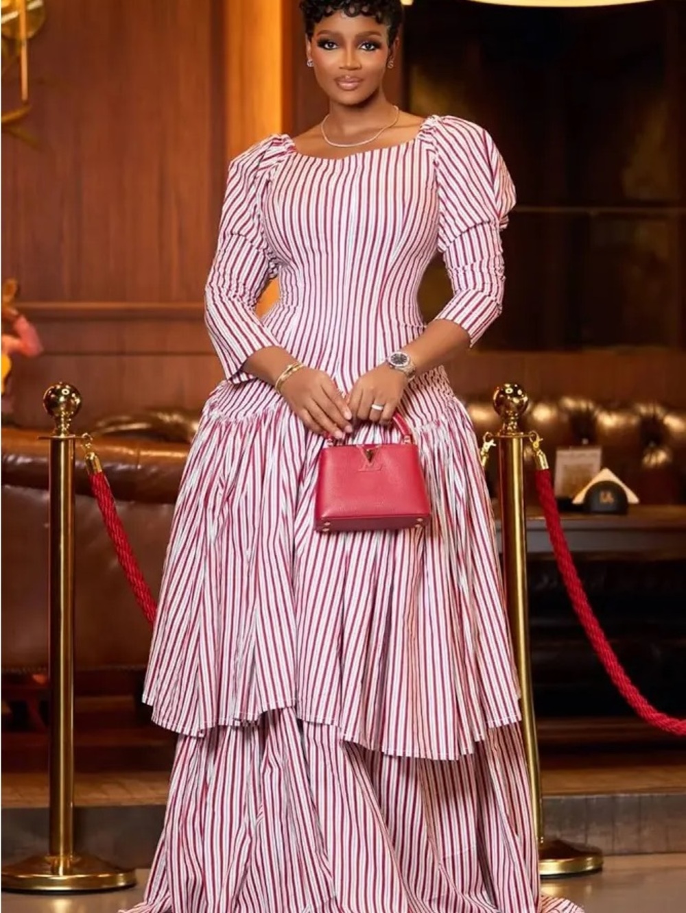 Striped Red & White Puff-Sleeve Maxi Dress